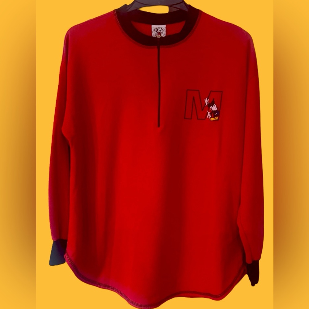 Vintage Disney 1/4 zip Sweatshirt Dolphin Hem Embroidered Mickey Red/Black - Picture 4 of 7